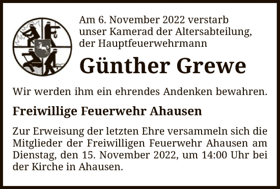 Todesanzeige von Günther Grewe von SYK