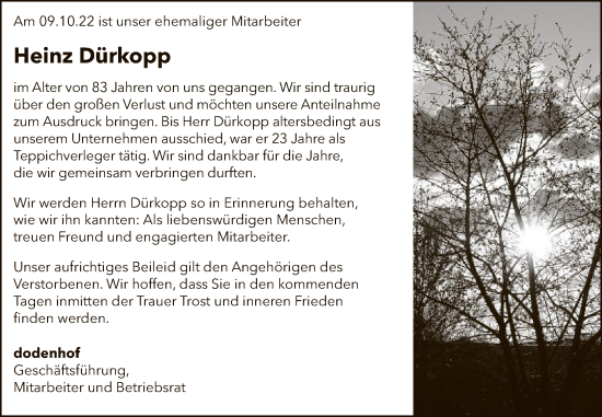 Todesanzeige von Heinz Dürkopp von SYK