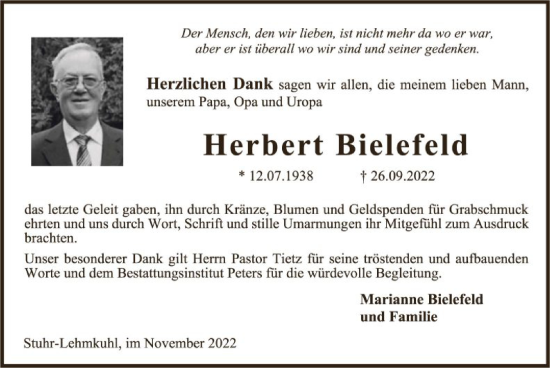 Todesanzeige von Herbert Bielefeld von SYK