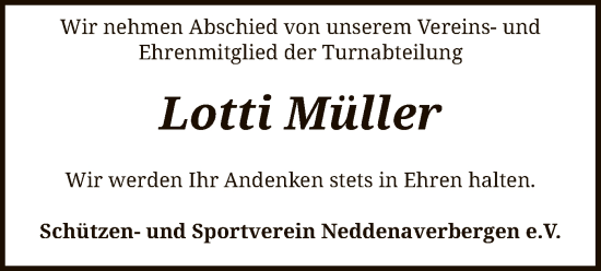 Todesanzeige von Lotti Müller von SYK