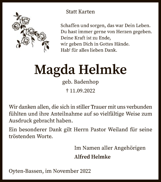Todesanzeige von Magda Helmke von SYK