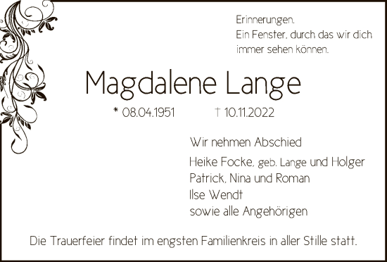 Todesanzeige von Magdalene Lange von SYK