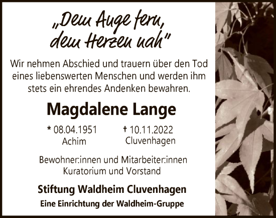 Todesanzeige von Magdalene Lange von SYK