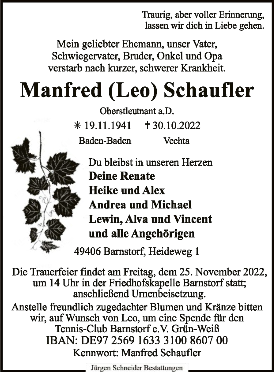Todesanzeige von Manfred Leo Schaufler von SYK