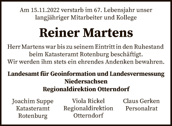 Todesanzeige von Reiner Martens von SYK