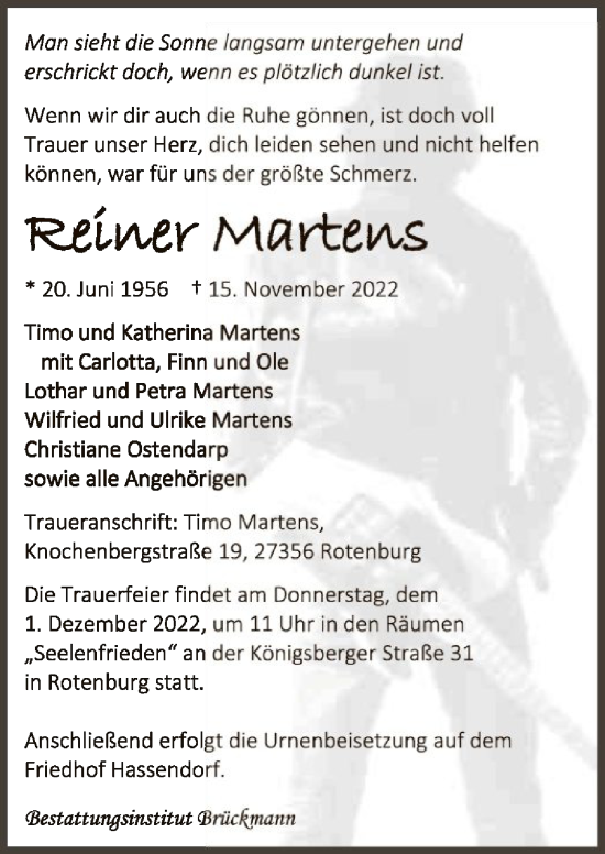 Todesanzeige von Reiner Martens von SYK
