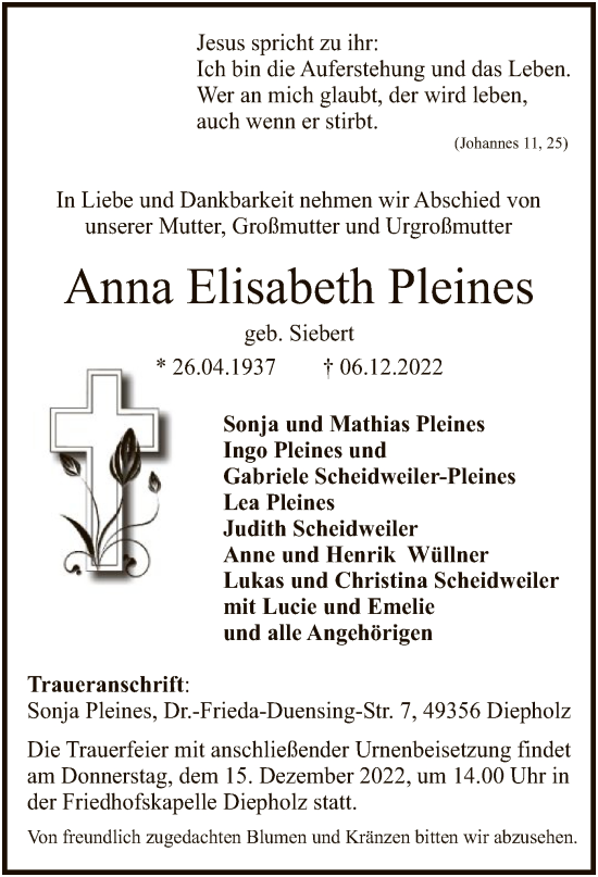 Todesanzeige von Anna Elisabeth Pleines von SYK