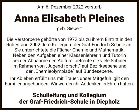 Todesanzeige von Anna Elisabeth Pleines von SYK