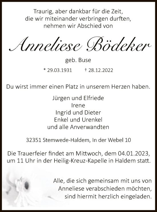 Todesanzeige von Anneliese Bödeker von SYK