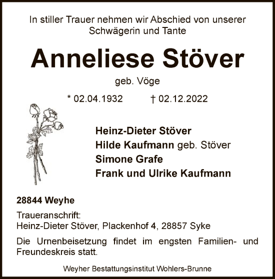 Todesanzeige von Anneliese Stöver von SYK