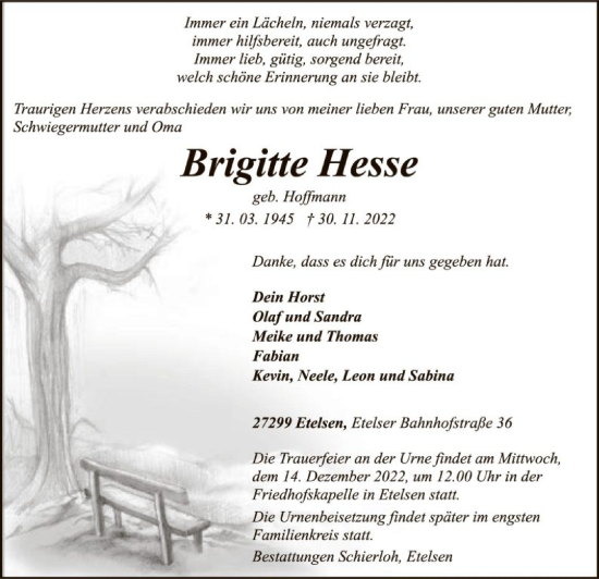 Todesanzeige von Brigitte Hesse von SYK