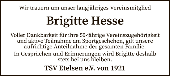 Todesanzeige von Brigitte Hesse von SYK