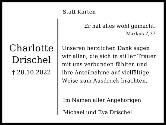 Todesanzeige von Charlotte Drischel von SYK