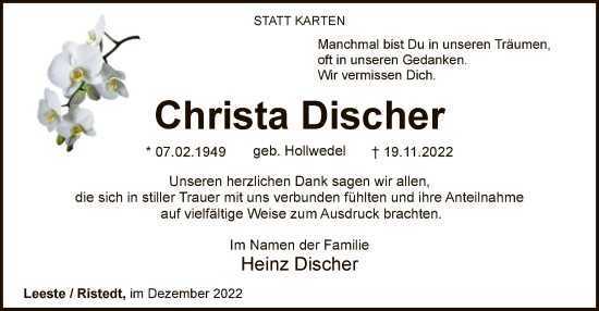 Todesanzeige von Christa Discher von SYK