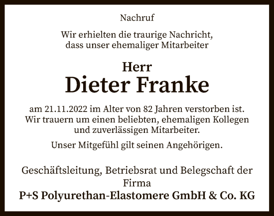 Todesanzeige von Dieter Franke von SYK