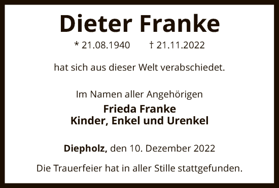 Todesanzeige von Dieter Franke von SYK