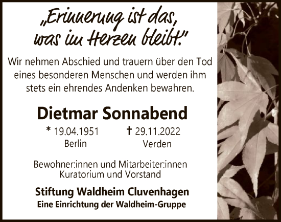 Todesanzeige von Dietmar Sonnabend von SYK