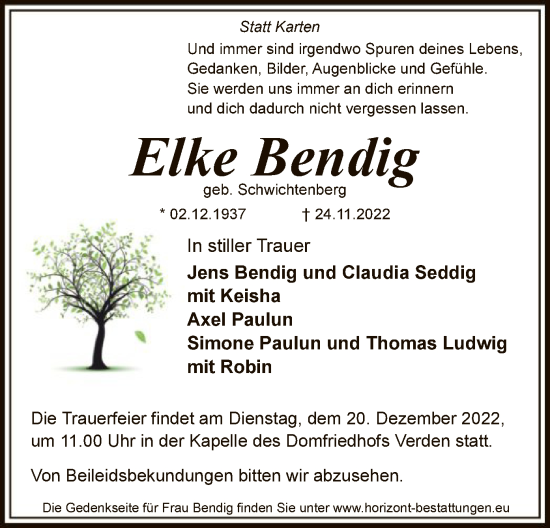 Todesanzeige von Elke Bendig von SYK