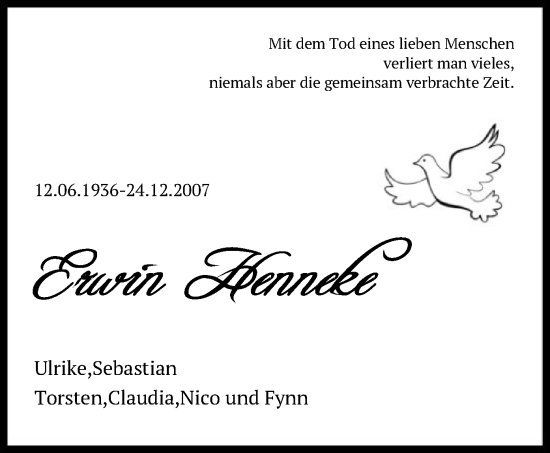 Todesanzeige von Erwin Henneke von SYK