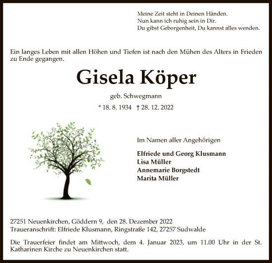 Todesanzeige von Gisela Köper von SYK
