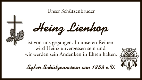 Todesanzeige von Heinz Lienhop von SYK
