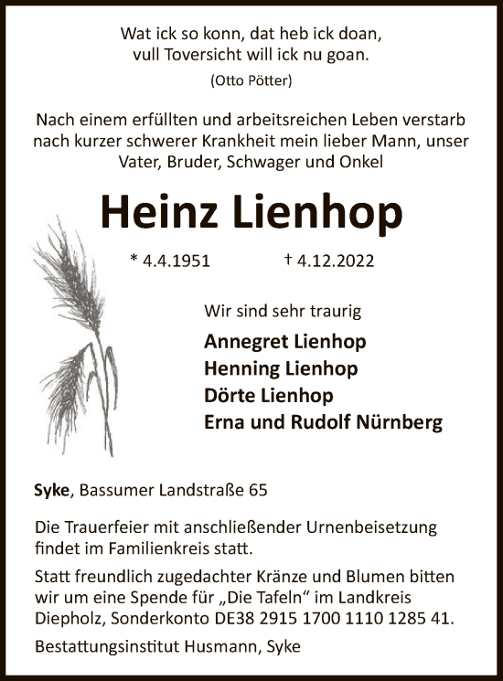 Todesanzeige von Heinz Lienhop von SYK