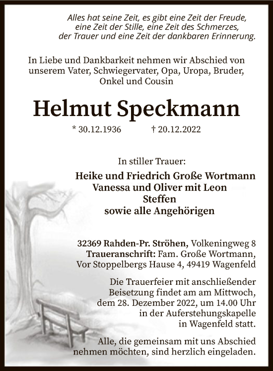Todesanzeige von Helmut Speckmann von SYK