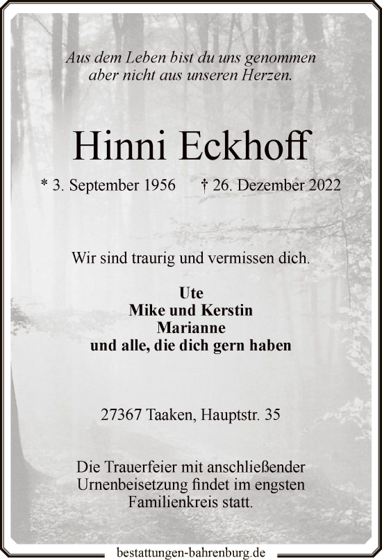Todesanzeige von Hinni Eckhoff von SYK