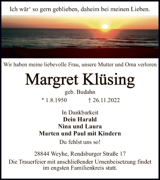 Todesanzeige von Margret Klüsing von SYK