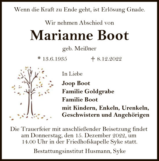 Todesanzeige von Marianne Boot von SYK