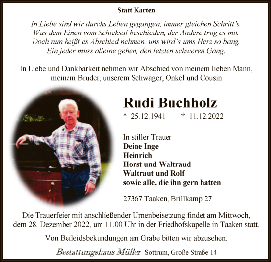 Todesanzeige von Rudi Buchholz von SYK