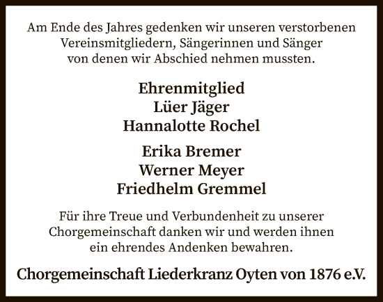Todesanzeige von Traueranzeigen Chorgemeinschaft Liederkranz Oyten von SYK