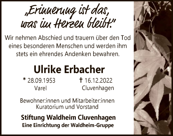 Todesanzeige von Ulrike Erbacher von SYK