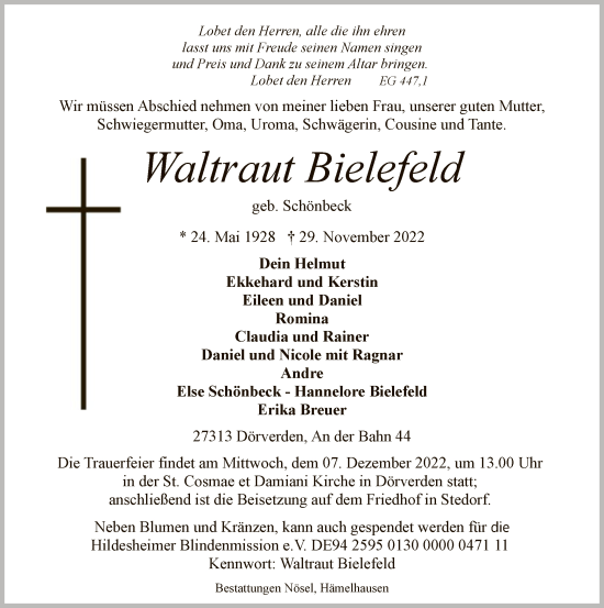 Todesanzeige von Waltraut Bielefeld von SYK