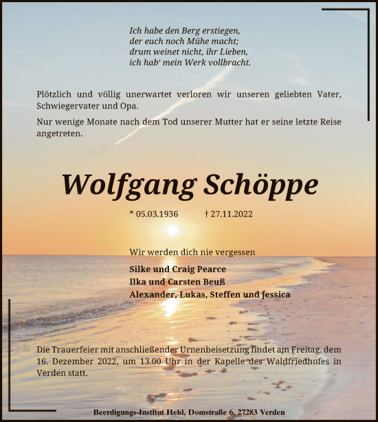 Todesanzeige von Wolfgang Schöppe von SYK