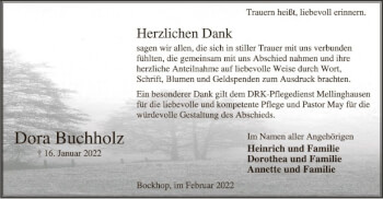 Todesanzeige von Dora Buchholz von SYK