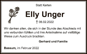 Todesanzeige von Elly Unger von SYK