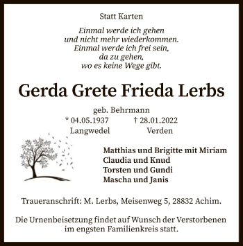 Todesanzeige von Gerda  Lerbs von SYK