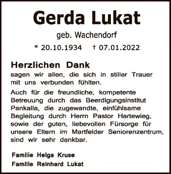 Todesanzeige von Gerda Lukat von SYK