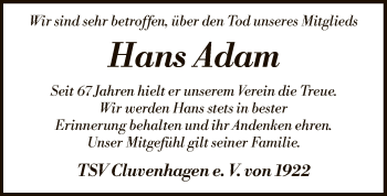 Todesanzeige von Hans Adam von SYK