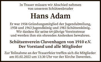Todesanzeige von Hans Adam von SYK