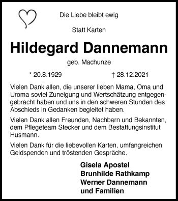 Todesanzeige von Hildegard Dannemann von SYK