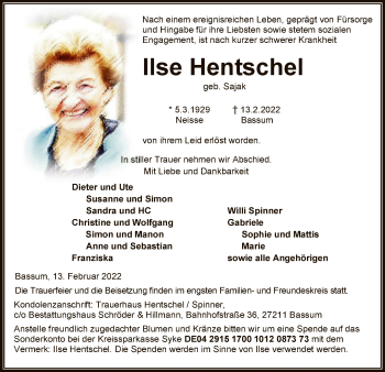 Todesanzeige von Ilse Hentschel von SYK