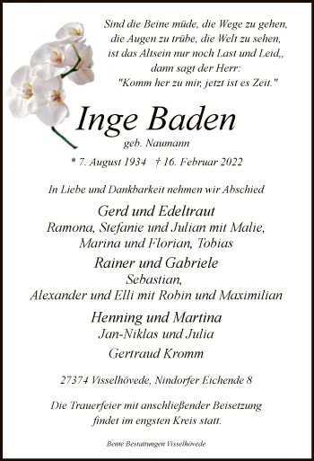 Todesanzeige von Inge Baden von SYK