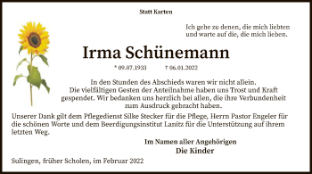 Todesanzeige von Irma Schünemann von SYK