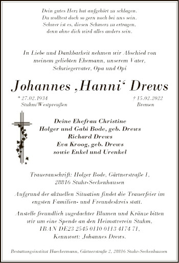Todesanzeige von Johannes Drews von SYK