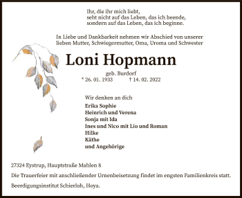 Todesanzeige von Loni Hopmann von SYK