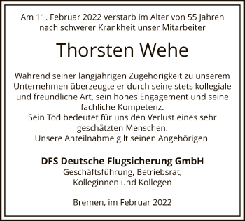 Todesanzeige von Thorsten Wehe von SYK