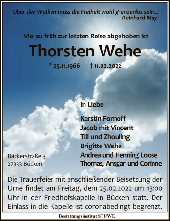 Todesanzeige von Thorsten Wehe von SYK