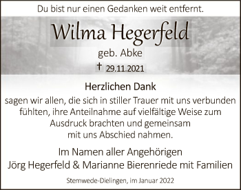 Todesanzeige von Wilma Hegerfeld von SYK